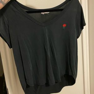 Black Flowing Tee with Cute Rose Embroidery